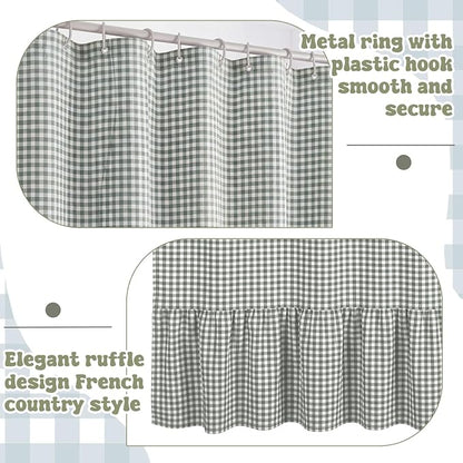 HunnmingRe Ruffle Hem Gingham Shower Curtain Sage Green | 72'' x 72'' Vintage Farmhouse Curtain, Cotton Cottage Core Rural Checkered Plaid Decor, Fall Shower Curtain for Bathroom