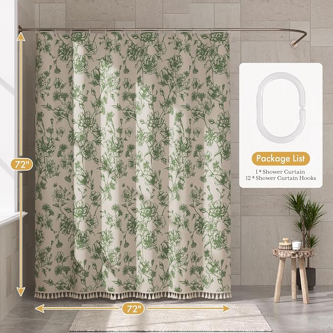 AmazerBath Sage Green Floral Shower Curtain, Modern Farmhouse Shower Curtain Set with Tassels, Rustic Faux Linen Shower Curtain Washable with Hooks for Cottagecore Style, 72x72 Inches