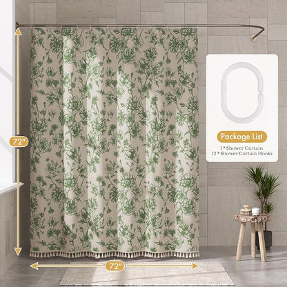AmazerBath Sage Green Floral Shower Curtain, Modern Farmhouse Shower Curtain Set with Tassels, Rustic Faux Linen Shower Curtain Washable with Hooks for Cottagecore Style, 72x72 Inches