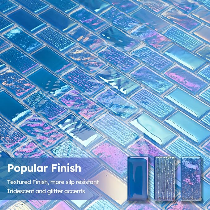 Pool Glass Mosaic Tiles, Iridescent Blue, 1x2 Inch Brick, 5 Sheets | Glass Linear Tile for Swimming Pool, Kitchen Backsplash, Shower, Bathroom Wall, Waterline, Fountain