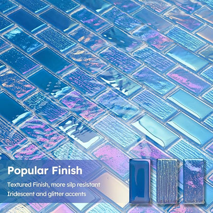 Pool Glass Mosaic Tiles, Iridescent Blue, 1x2 Inch Brick, 5 Sheets | Glass Linear Tile for Swimming Pool, Kitchen Backsplash, Shower, Bathroom Wall, Waterline, Fountain