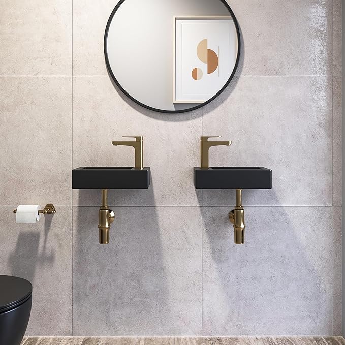 DeerValley Small Bathroom Sink, 15"x7" Mini Rectangle Wall Mount Vessel Sink for Bathroom Powder Room Cloakroom, Floating Space Saving Design, Easy to Clean Matte Black Ceramic Wash Basin (Right Hand)