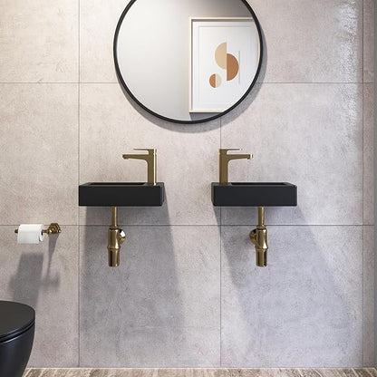 DeerValley Small Bathroom Sink, 15"x7" Mini Rectangle Wall Mount Vessel Sink for Bathroom Powder Room Cloakroom, Floating Space Saving Design, Easy to Clean Matte Black Ceramic Wash Basin (Right Hand)