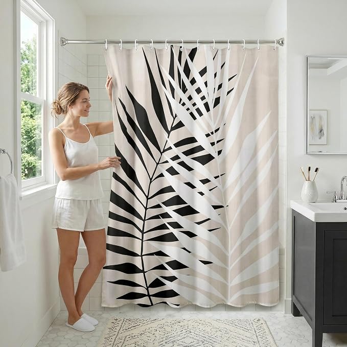 Americanflat 71x74 Botanical Shower Curtain - Water-Resistant Long Shower Curtain with Durable Metal Grommets and 12 Hooks - 100% Polyester - Black, White, and Beige
