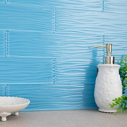 Light Blue Glass Subway Tile 3 x 12 Inch Water Ripple for Kitchen Backsplash Bathroom Wall (16-Pack, 4 sq.ft.)
