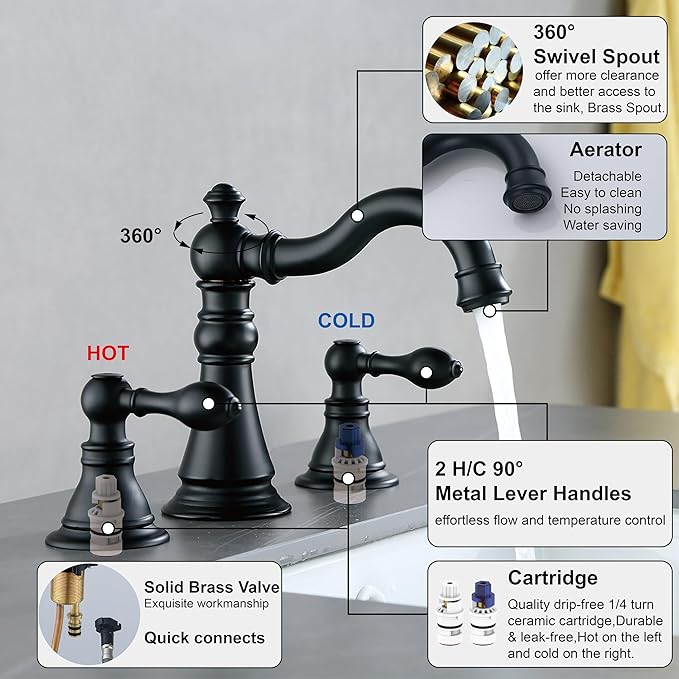 Two Handle Bathroom Sink Faucet Matte Black 3 Hole with Pop up Drain,High Arc Lavatory 8 Inch Widespread Bathroom Faucet,F-8805P-MT