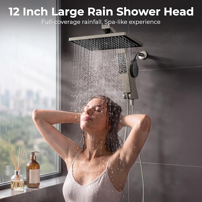 MakeFit Filtered Rain Shower Head with Handheld Combo High Pressure 12'' Rainfall Shower Heads & Hidden Detachable Wand Dual Showerhead Water Softener for Hard Water Easy Filter Replacement