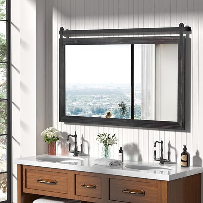 COGOOD Farmhouse Bathroom Mirrors for Over Sink - 30 x 49 Black | Rustic Barn Door Wood Framed Vanity Mirror for Entryway, Living Room, Bedroom, Dresser Wall Decor