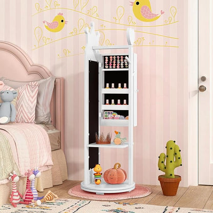 HONEY JOY Kids Jewelry Armoire Cabinet, 360 Degree Swivel Base Wooden Standing Jewelry Organizer w/Full-length Mirror and Clothes Rack, Children Dress Up Jewelry Cabinet for Little Girls (White)