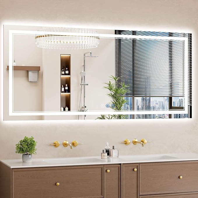28"x60" LED Bathroom Mirror with Lights, Anti-Fog, Backlit + Front Lit, Dimmable, Led Vanity Mirror for Wall, Lighted Bathroom Mirror, 3 Colors, Shatter-Proof Tempered Glass