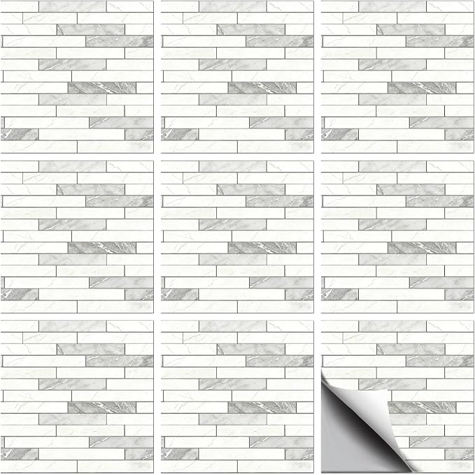 36 Pcs Tile Stickers White-Gray Texture Peel and Stick Long Strip Wall Tile Stickers Waterproof Self Adhesive Stick on Tiles Decals for Kitchen Bathroom Wall Art Decor, 4×4 Inch