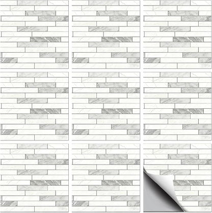 36 Pcs Tile Stickers White-Gray Texture Peel and Stick Long Strip Wall Tile Stickers Waterproof Self Adhesive Stick on Tiles Decals for Kitchen Bathroom Wall Art Decor, 4×4 Inch