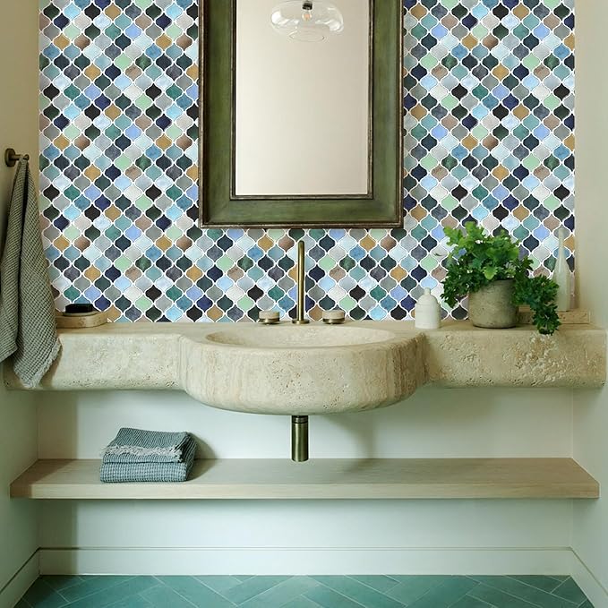 STICKGOO Arabesque Peel and Stick Backsplash, 12”X12” Backsplash Tile for Kitchen Peel and Stick, Self Adhesive Wall Tile Stick on Tiles (Thicker Design, Multicolor Look)