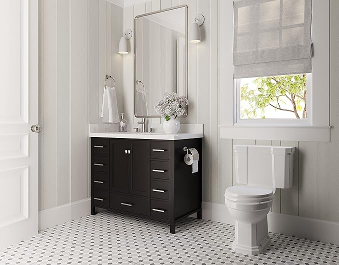 ARIEL Cambridge 42-inch Bathroom Vanity with Sink,Solid Wood, 1.5-inch Pure White Quartz Countertop & Backsplash, Single Oval Porcelain Sink, 2 Soft Closing Doors, 9 Dovetail Drawers, Espresso