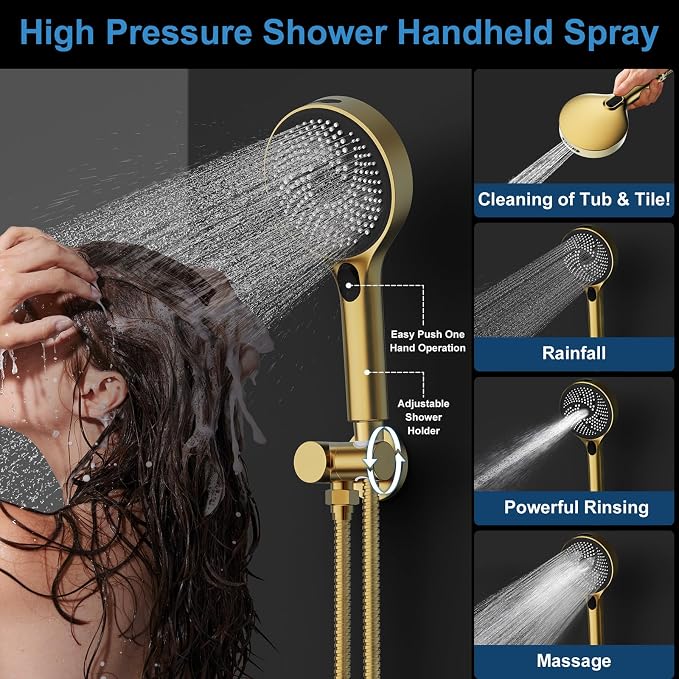 Shower System Brass Thermostatic Shower Faucet Set With Valve and Diverter Shower Mixer with 2 Rain Shower Head and Multi-function Handheld Head（Brushed Gold）