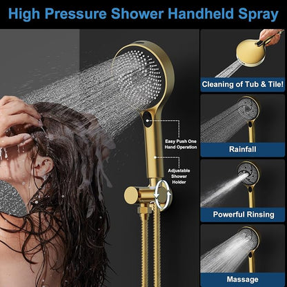 Shower System Brass Thermostatic Shower Faucet Set With Valve and Diverter Shower Mixer with 2 Rain Shower Head and Multi-function Handheld Head（Brushed Gold）