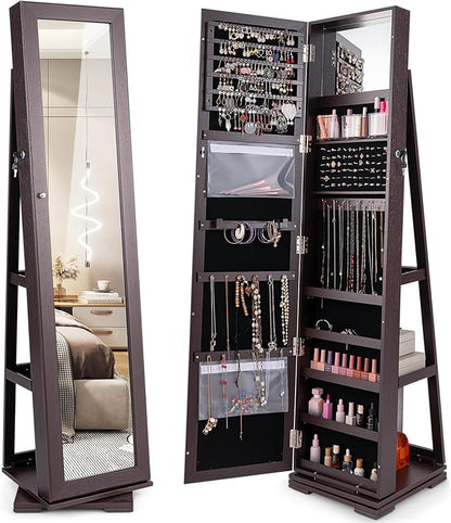 GOFLAME 360° Rotating Jewelry Armoire, Lockable Jewelry Cabinet with Full-Length Mirror & Inner Makeup Mirror, Standing Jewelry Storage Organizer with Rear Storage Shelves, Espresso