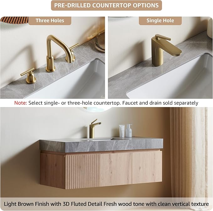 48” Floating Bathroom Vanity with Sink, Wall-Mounted Cabinet with Drawer & Doors, Gray Travertine-Pattern Sintered Stone Top, Undermount Basin, Single Faucet Hole, Soft-Close, Pre-Assembled, Light Oak