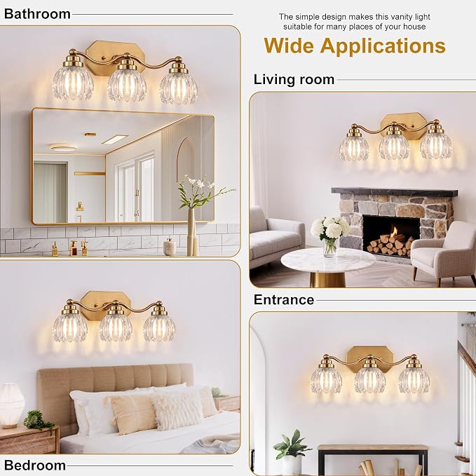 Bathroom Vanity Light, Gold Vintage Tulip Glass Shade, Antique Brass Finish | 3 Light Brushed Gold Bathroom Light Fixtures, Crystal Wall Sconce, Mounted Over Mirror for Bedroom Hallway, Easy to Install