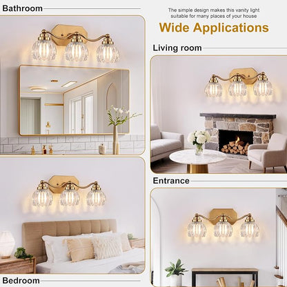 Bathroom Vanity Light, Gold Vintage Tulip Glass Shade, Antique Brass Finish | 3 Light Brushed Gold Bathroom Light Fixtures, Crystal Wall Sconce, Mounted Over Mirror for Bedroom Hallway, Easy to Install