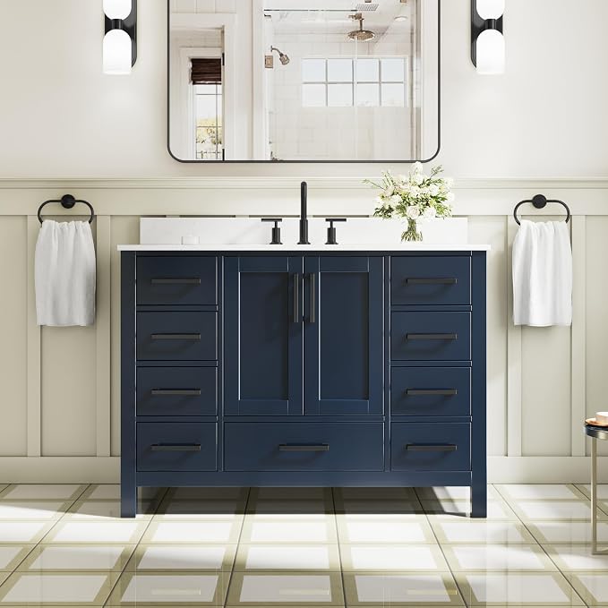 48-Inch Bathroom Vanity with Sink, 2 Soft-Close Doors and 9 Soft-Close Drawers, Bathroom Freestanding Vanity with Cultured Marble Countertop, Bathroom Navy Blue Vanity With Matte Black Handles