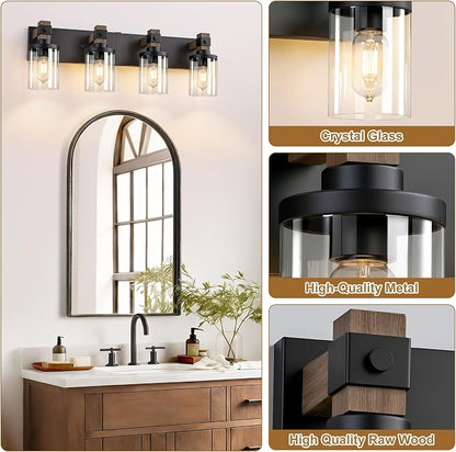 Farmhouse Bathroom Vanity Light Fixture, 4 Light Black Wood Over Mirror | Matte Black Metal & Wood with Clear Glass Shade, 4 Ligh Vanity Light Fixture Over Mirror for Farmhouse Industrial Bathroom