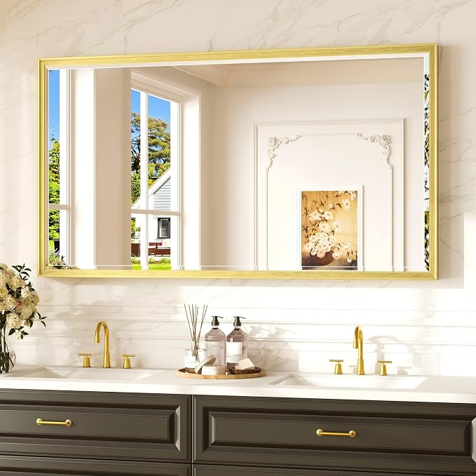 Keonjinn 55" x 30" Gold Bathroom Mirror, Beveled Edge HD Tempered Glass | Aluminum Alloy Metal Frame, Effortless French Cleat Installation, Vertical/Horizontal, Modern Rectangular Wall-Mounted Mirror