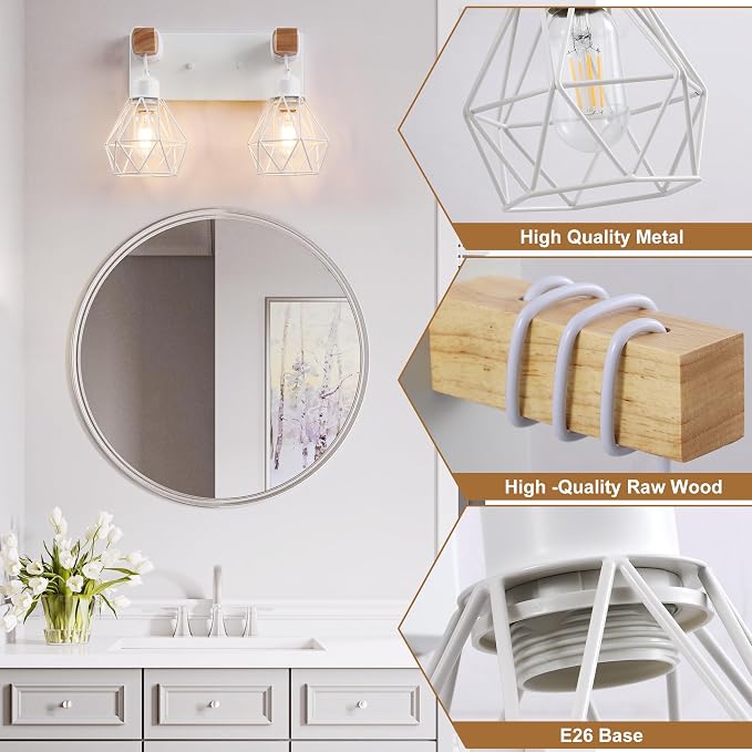 maesta 2 Light Bathroom Vanity Light, Farmhouse White Fixture Over Mirror | Farmhouse Bathroom Light Fixtures, Wood & Metal, Anti-Rust Easy to Install for Rustic Bathroom Hallway