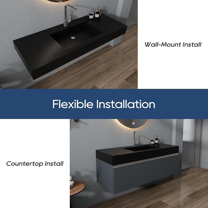 SJ Star&Jane 48" x 19" Solid Surface Bathroom Sink, Wall-Mount or Countertop Vessel Sink, Rectangle Floating Vanity Sink in Matte Black, Durable Modern Design