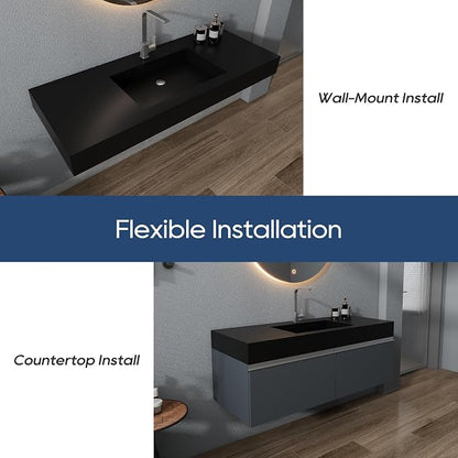 SJ Star&Jane 48" x 19" Solid Surface Bathroom Sink, Wall-Mount or Countertop Vessel Sink, Rectangle Floating Vanity Sink in Matte Black, Durable Modern Design