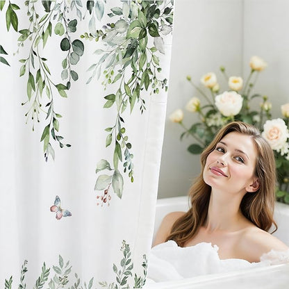 16 Pcs Sage Green Eucalyptus Shower Curtain Set with Rugs | Botanical Leaf Bath Curtains, Quick Absorbent Foam Mats, 120GSM Heavy-Weight Fabric Curtain with 12 Metal Hooks, 72x72 Inch