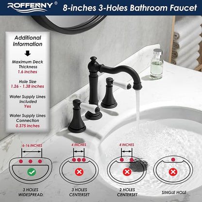 Porcelain 8 inch Widespread Matte Black Bathroom Faucet 3 Holes | Includes Plastic Pop-Up Drain & Two 23.6" Supply Lines, Classical 8" Spread Lavatory & Bath Vanity Sink Faucets, Brass Spout