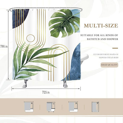 Glawry Boho Blue Green Shower Curtain Extra Long Abstract Mid Century Tropical Palm Leaf Modern Minimalist Plant Bathroom Geometric 72Wx78L Inches Bath Accessories Art Home Decor Fabric 12 Pack Hook