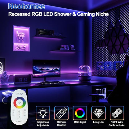 2-Tiers 12x18Inch Shower Niche with RGB LED Light Strips, White Recessed Wall Niche with Light, NO Tile Needed Cabinet Storage Organizer, Stainless Steel Bathroom Storage for Shower Wall