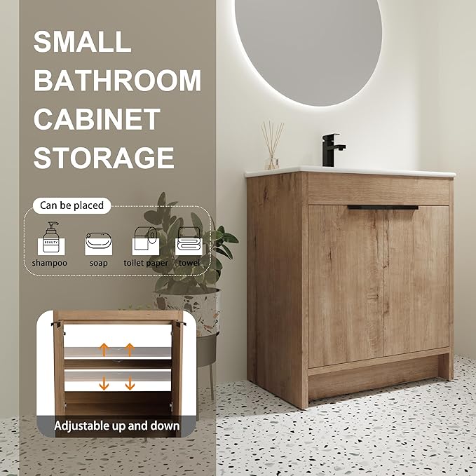 SSLine 30-Inch Bathroom Vanity with Sink Mid-Century Bathroom Vanities with Top Basin Floor Wood Bathroom Sink Cabinet with Soft-Close Doors & Adjustable Storage Shelves (Natural Brown)