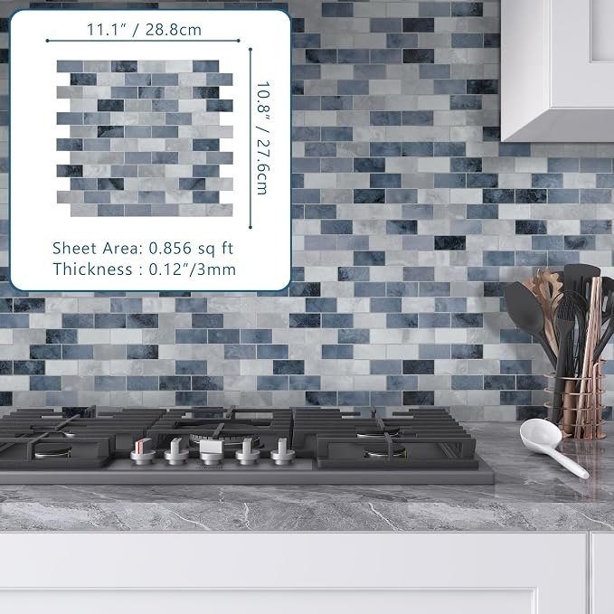 10-Sheet Subway Peel and Stick Backsplash Tile, 11.3" x 10.8" Blue Stone Composite Cement Looks Self Adhesive Waterproof Wall Tile, Stick on Tiles for Kitchen Bathroom Shower Fireplace