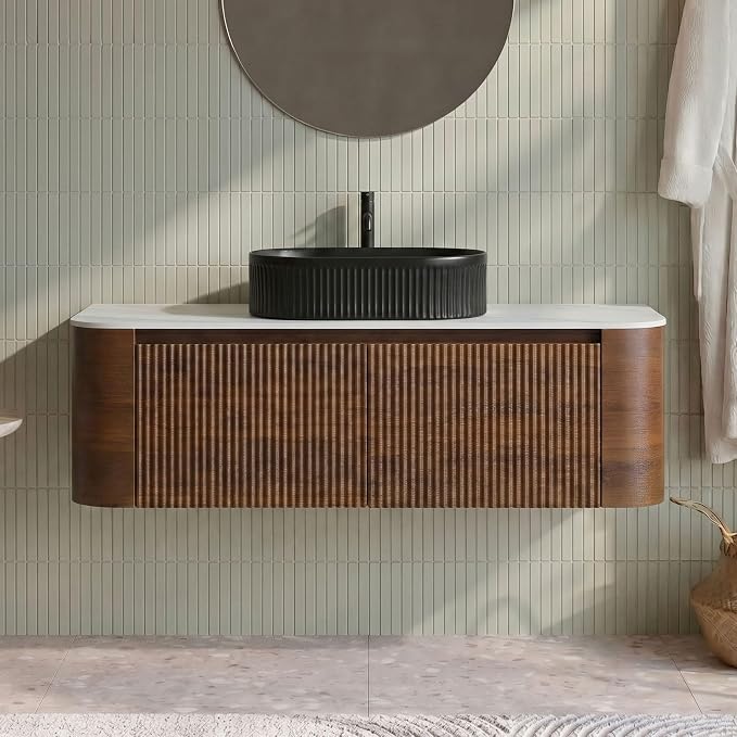 48" Preassembled Floating Bathroom Vanity with Black Sink, Walnut | Mid-Century Modern Style, Fluted & Soft-Close Drawer with U-shaped Wall, Sinterted Stone Countertop, Towel Rack Included