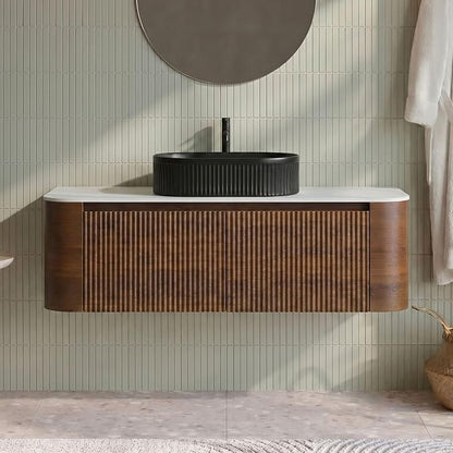 48" Preassembled Floating Bathroom Vanity with Black Sink, Walnut | Mid-Century Modern Style, Fluted & Soft-Close Drawer with U-shaped Wall, Sinterted Stone Countertop, Towel Rack Included