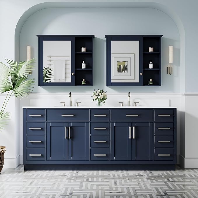 84-Inch Bathroom Vanity with Double Sinks W/ 4 Doors & 12 Drawers & 2 Flip Drawers, Navy Blue Vanity W/Brushed Nickel Handles