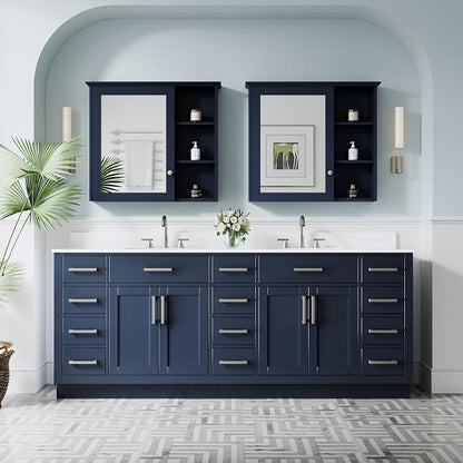 84-Inch Bathroom Vanity with Double Sinks W/ 4 Doors & 12 Drawers & 2 Flip Drawers, Navy Blue Vanity W/Brushed Nickel Handles