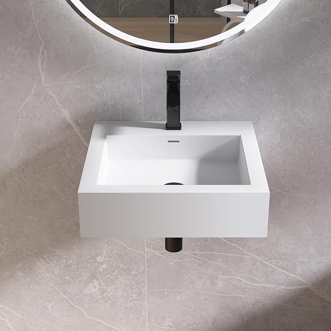 Small Vessel Sink, Stone Resin 19" x 19" Wall Mount Bathroom Sink | Floating Sinks with Overflow, Square Solid Surface Floating Vessel Sinks, White
