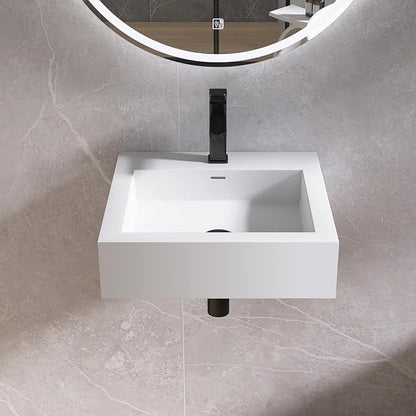 Small Vessel Sink, Stone Resin 19" x 19" Wall Mount Bathroom Sink | Floating Sinks with Overflow, Square Solid Surface Floating Vessel Sinks, White
