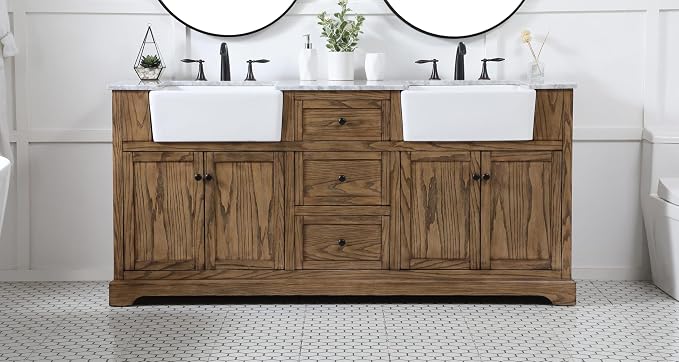 72" Pre-Assembled Bathroom Vanity with Sink, Solid Birch and MDF, Carrara White Marble Countertop Attached, Double Rectangle Porcelain Sink, 3 Soft-Close Drawers, Driftwood