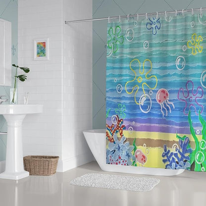 Cute Cartoon Anime Ocean Jellyfish Shower Curtain Set 72x78 Inches | Cute Cartoon Anime Ocean Jellyfish Print, Colorful Seaside Housewarming Ocean Lover Guest Bathroom Decor, With Hooks