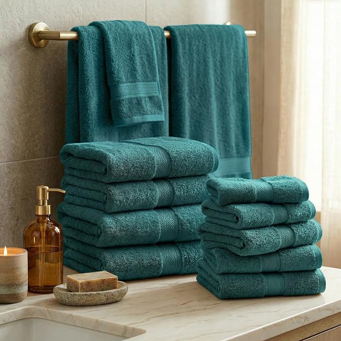 SUPERIOR Egyptian Cotton Ultra Plush & Absorbent, 12 Piece Set, Teal | Heavyweight 12 Pc Egyptian Cotton Towel Set Includes 4 Bath Towels 4 Hand Towels 4 Washcloths Decorative Rope Border