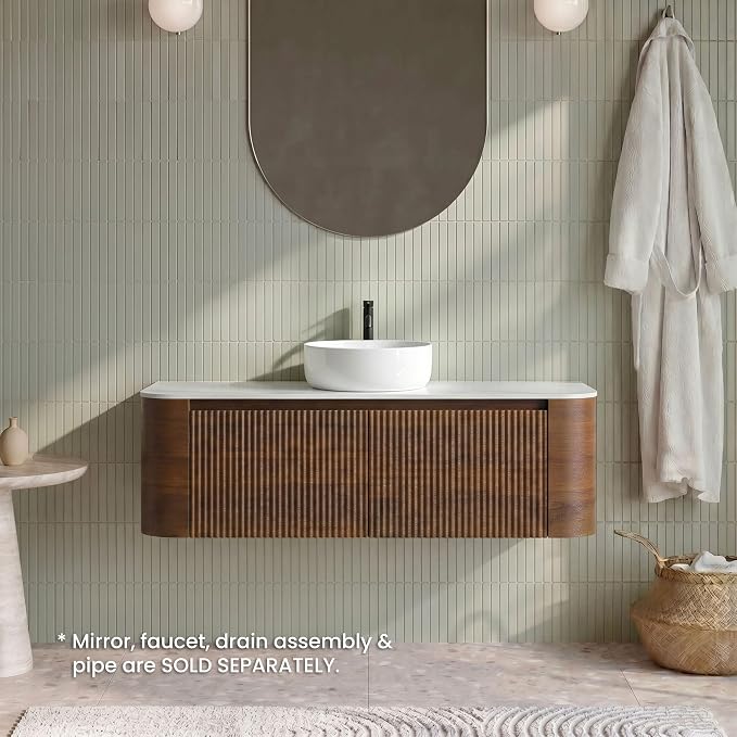 48" Preassembled Floating Bathroom Vanity with Round Sink, Walnut | Mid-Century Modern Style, Fluted & Soft-Close Drawer with U-shaped Wall, Sinterted Stone Countertop, Towel Rack Included