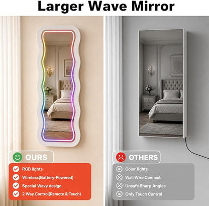 Fiqevs RGB Mirror Jewelry Cabinet, Remote Control LED Wavy Wall Door Mirror | Hanging Mirror with Storage, Full-Length, Lockable, Jewelry Organizer with Lighted Mirror, White Jewelry Armoire