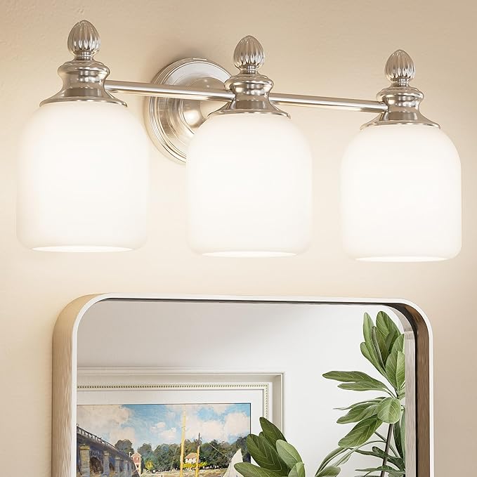 Keonjinn Brushed Nickel Bathroom Light Fixtures, 3-Light Vintage Vanity Lights for Mirror with Frosted Glass Shades, UL Listed E26 Base Reversible Vanity Lighting Fixtures for Wall(Bulbs Not Included)