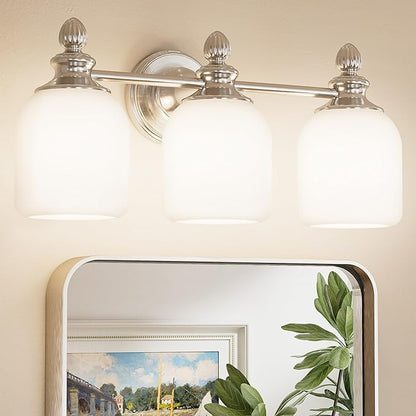 Keonjinn Brushed Nickel Bathroom Light Fixtures, 3-Light Vintage Vanity Lights for Mirror with Frosted Glass Shades, UL Listed E26 Base Reversible Vanity Lighting Fixtures for Wall(Bulbs Not Included)