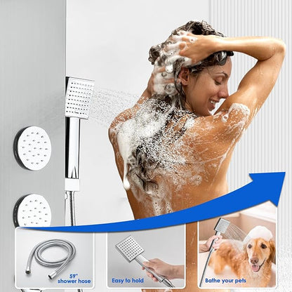 ROVOGO Shower Panel Tower System with Led Lights, 2-Mode Shower Head, 3 Body Jets, Handheld and Tub Spout, 46.5" Stainless Steel Shower Column with Mixer Valve, Brushed